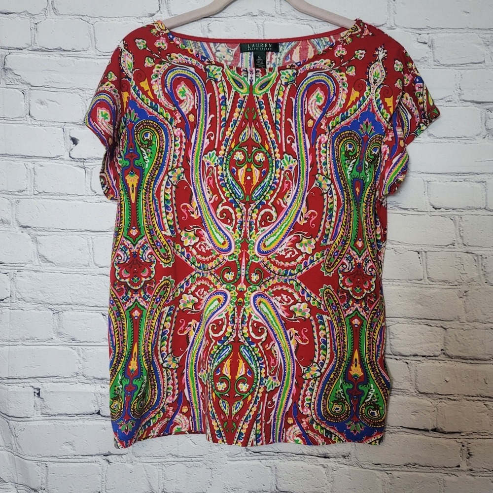Lauren Ralph Lauren‎ Womens Red Paisley Print Short Sleeve Boat Neck Top M Money